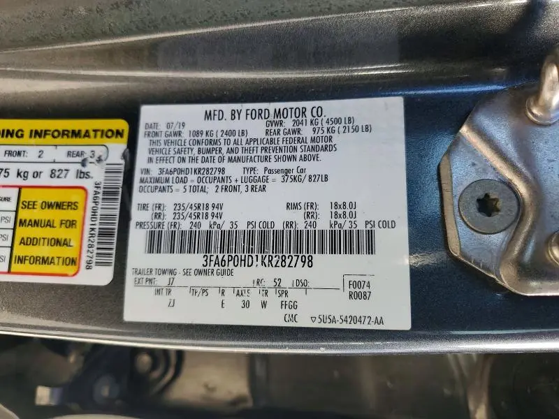 2019 FORD FUSION SE  
