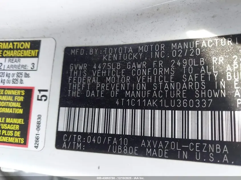 2020 TOYOTA CAMRY LE