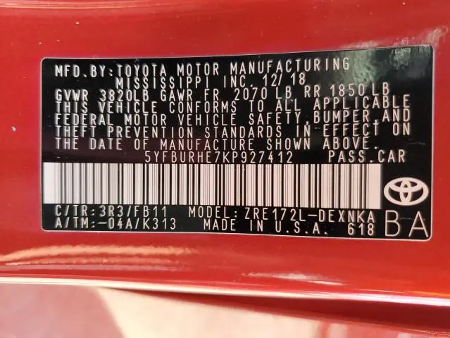 2019 TOYOTA COROLLA L