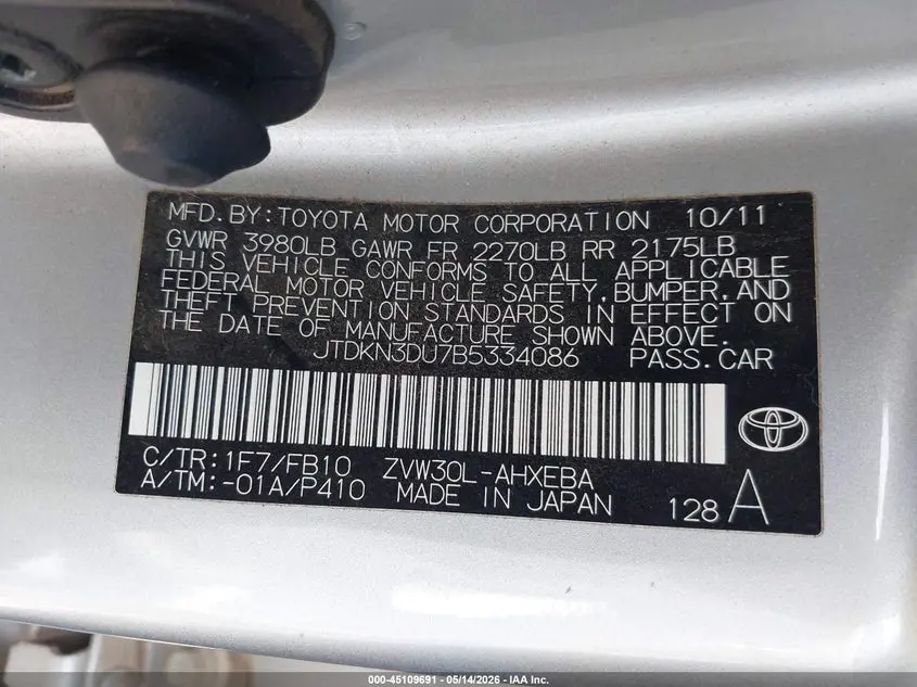 2011 TOYOTA PRIUS TWO