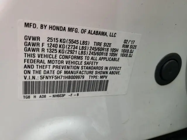 2017 HONDA PILOT EXLN  