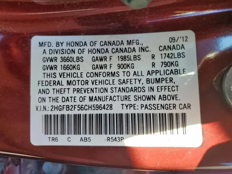 2012 HONDA CIVIC LX  