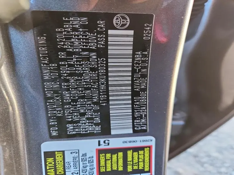 2019 TOYOTA CAMRY L  