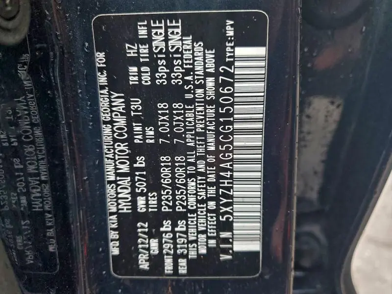 2012 HYUNDAI SANTA FE SE  