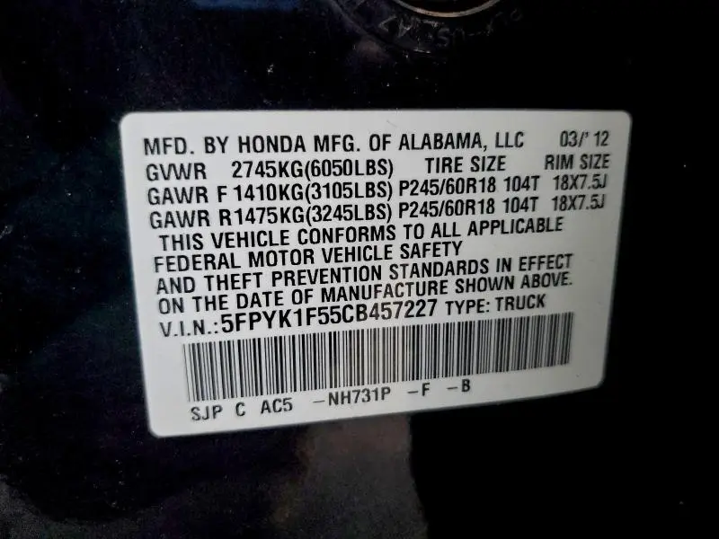 2012 HONDA RIDGELINE RTL  