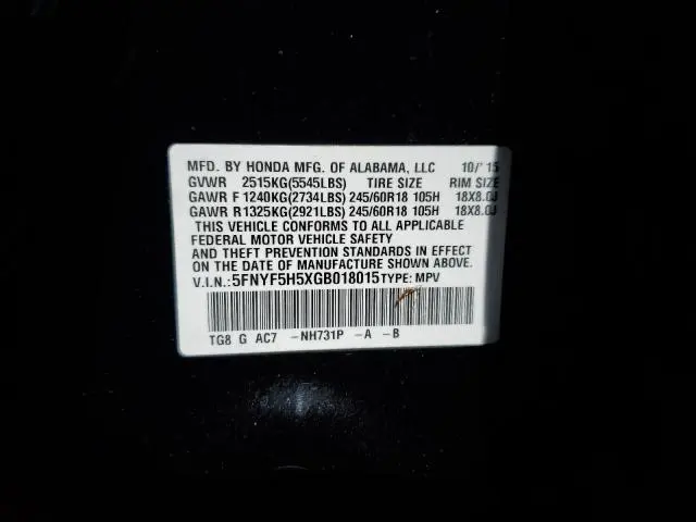 2016 HONDA PILOT EXL  