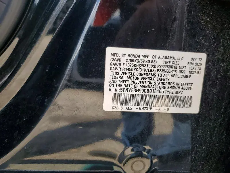 2012 HONDA PILOT TOURING  