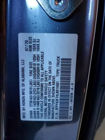 2020 HONDA RIDGELINE RTL  