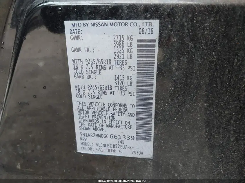 2016 NISSAN PATHFINDER PLATINUM/S/SL/SV
