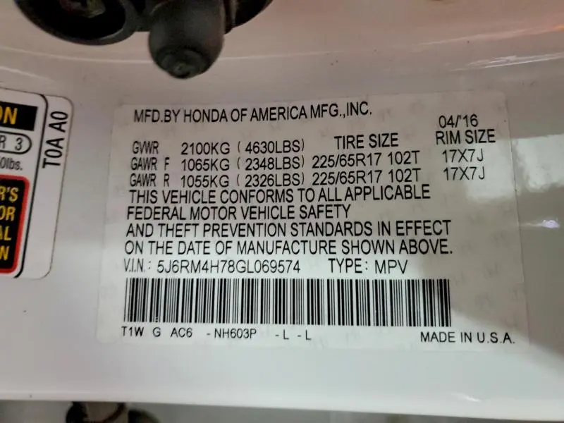 2016 HONDA CR-V EXL  