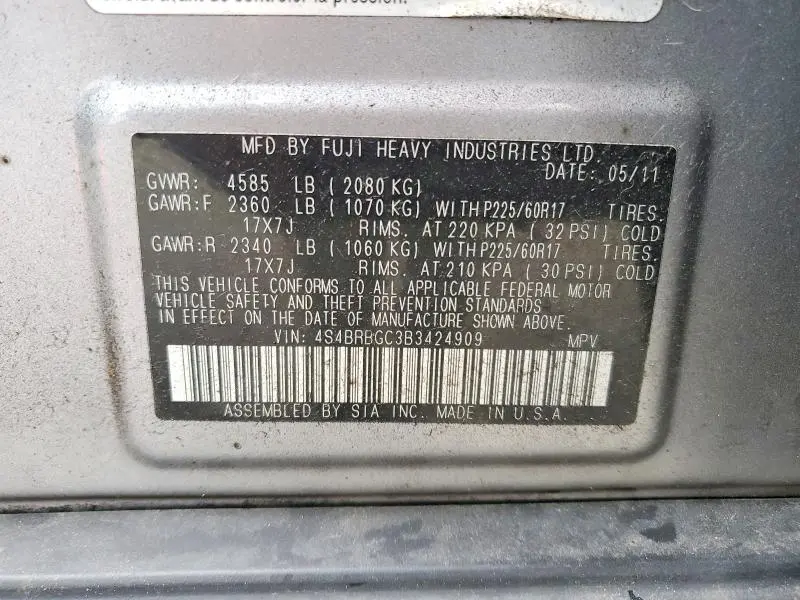 2011 SUBARU OUTBACK 2.5I PREMIUM  