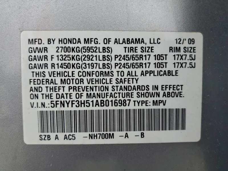 2010 HONDA PILOT EXL  