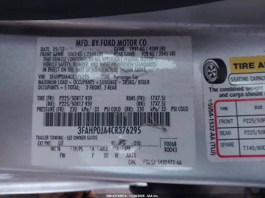 2012 FORD FUSION SEL