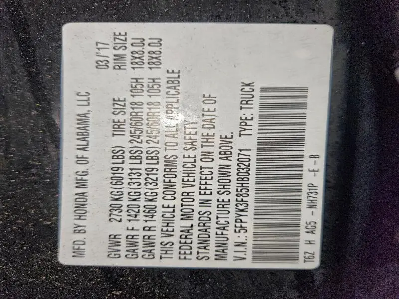 2017 HONDA RIDGELINE BLACK EDITION  