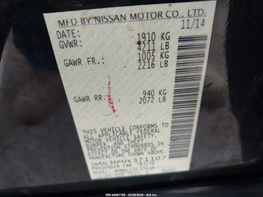 2015 NISSAN ALTIMA 2.5 S