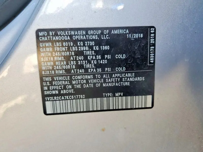 2019 VOLKSWAGEN ATLAS SE  