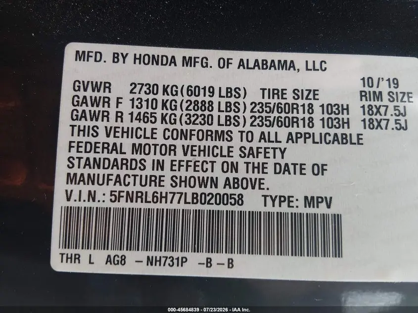 2020 HONDA ODYSSEY EX-L/EX-L W/NAVI   RES
