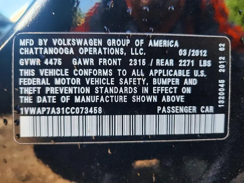 2012 VOLKSWAGEN PASSAT S  