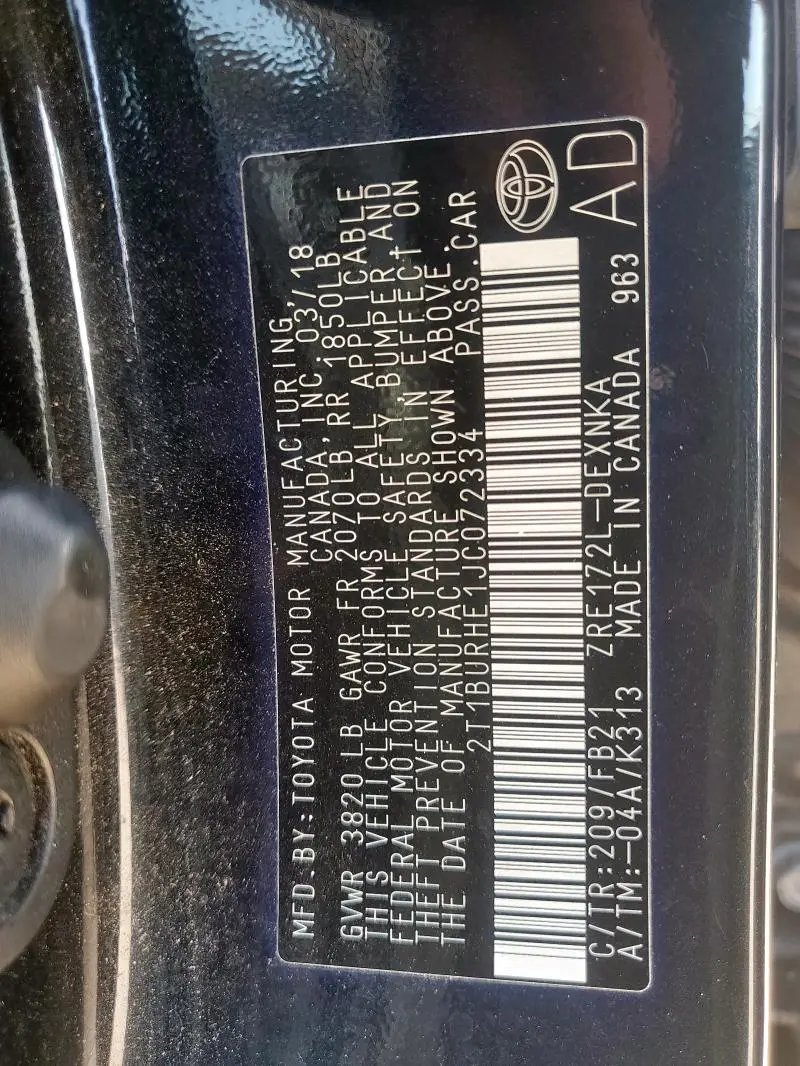 2018 TOYOTA COROLLA L  
