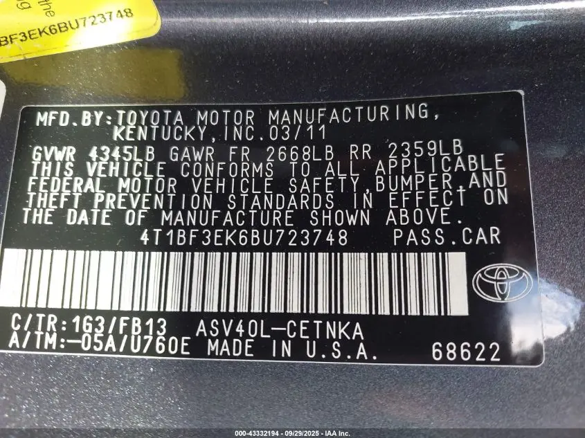 2011 TOYOTA CAMRY LE