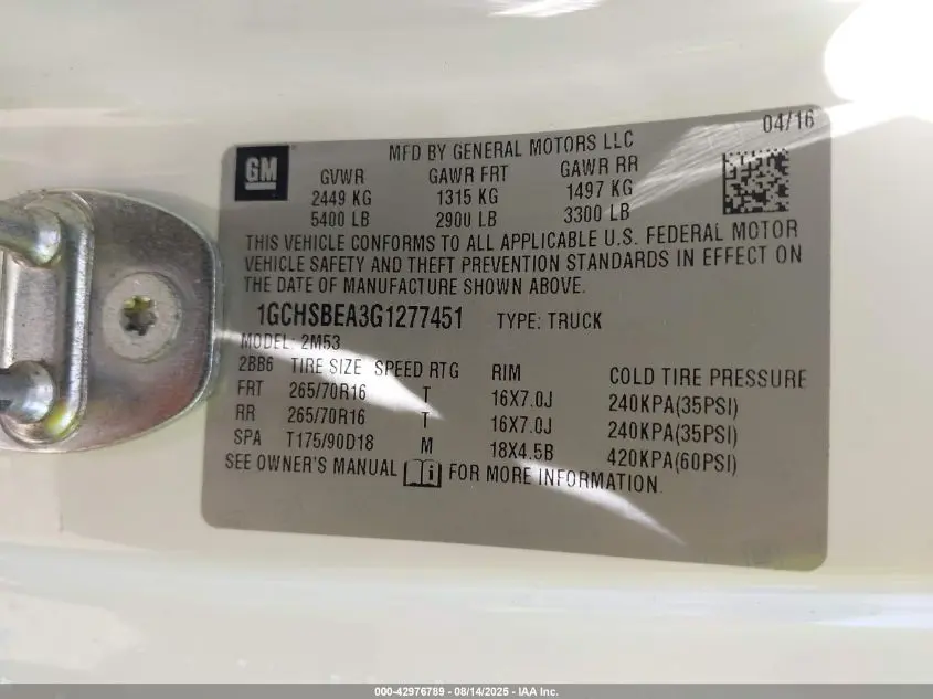 2016 CHEVROLET COLORADO WT