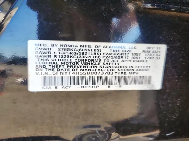 2011 HONDA PILOT EXL  