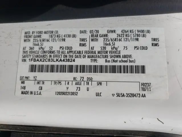 2020 FORD TRANSIT T-350  