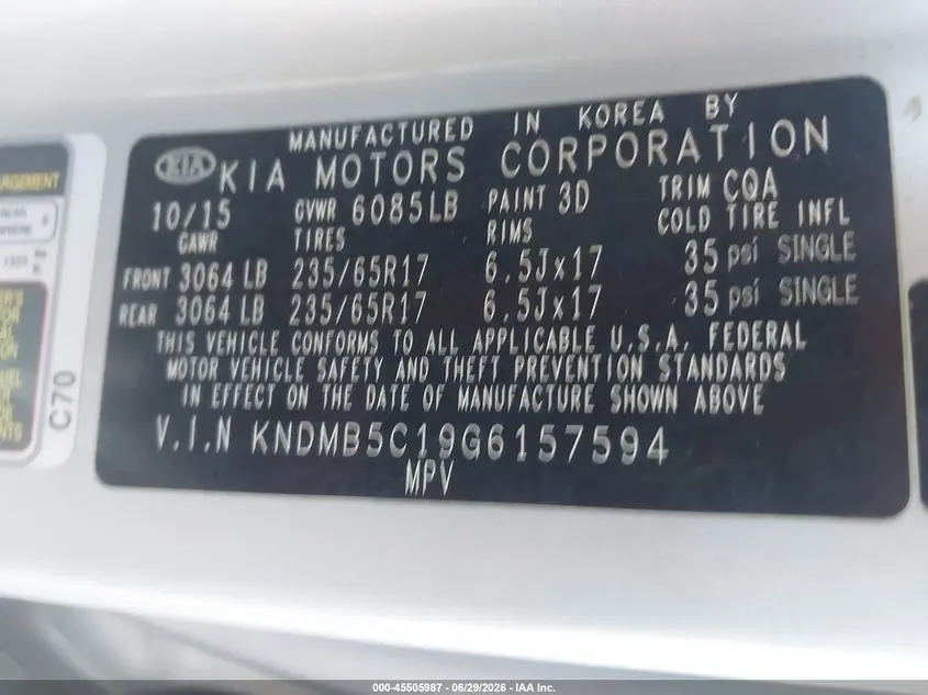 2016 KIA SEDONA LX