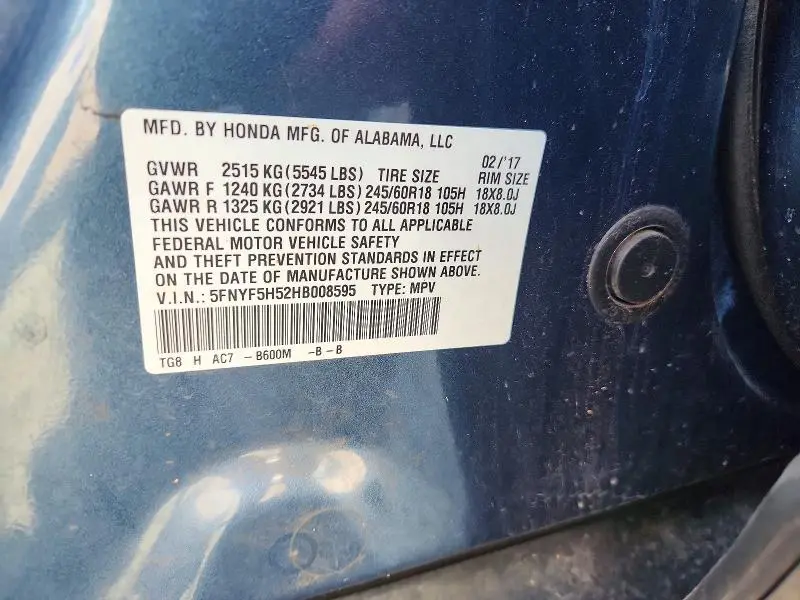 2017 HONDA PILOT EXL  