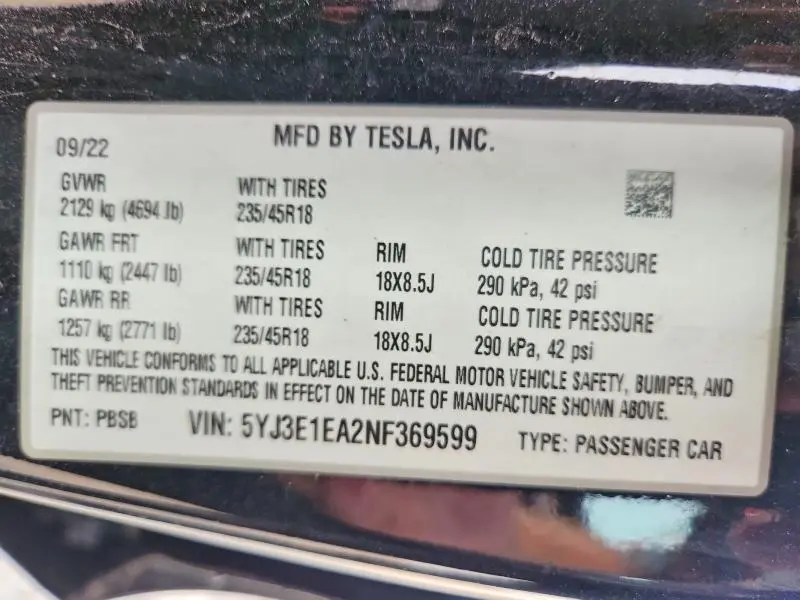 2022 TESLA MODEL 3   