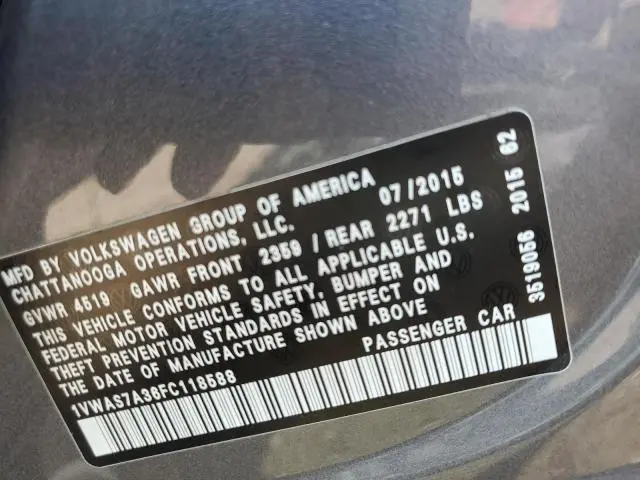 2015 VOLKSWAGEN PASSAT S