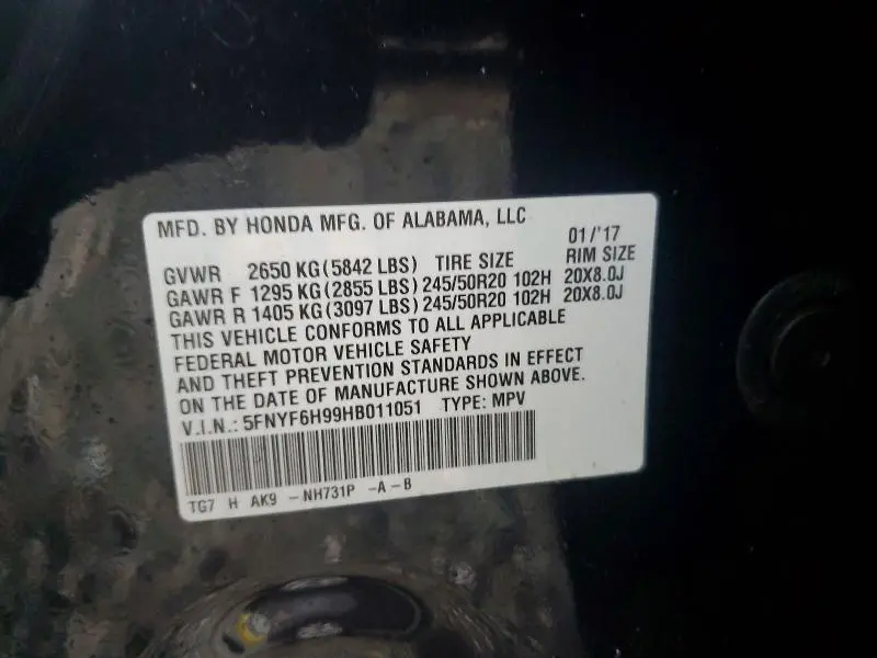 2017 HONDA PILOT TOURING  