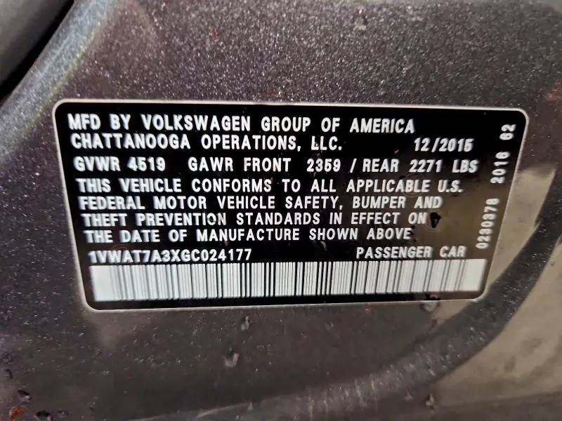 2016 VOLKSWAGEN PASSAT S  