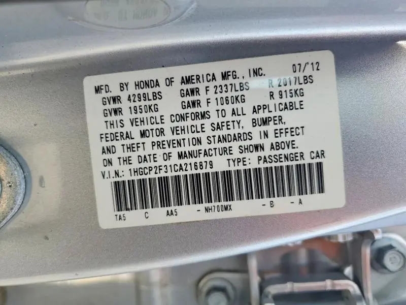 2012 HONDA ACCORD LX  