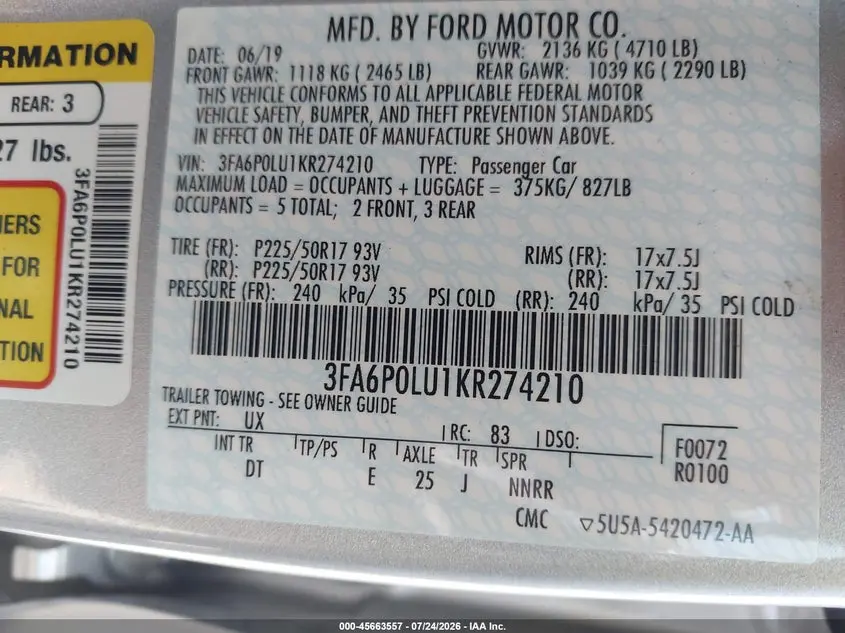 2019 FORD FUSION HYBRID SE