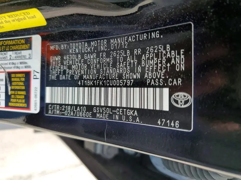 2012 TOYOTA CAMRY XLE V6  