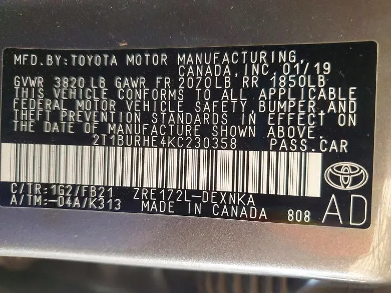 2019 TOYOTA COROLLA LE  