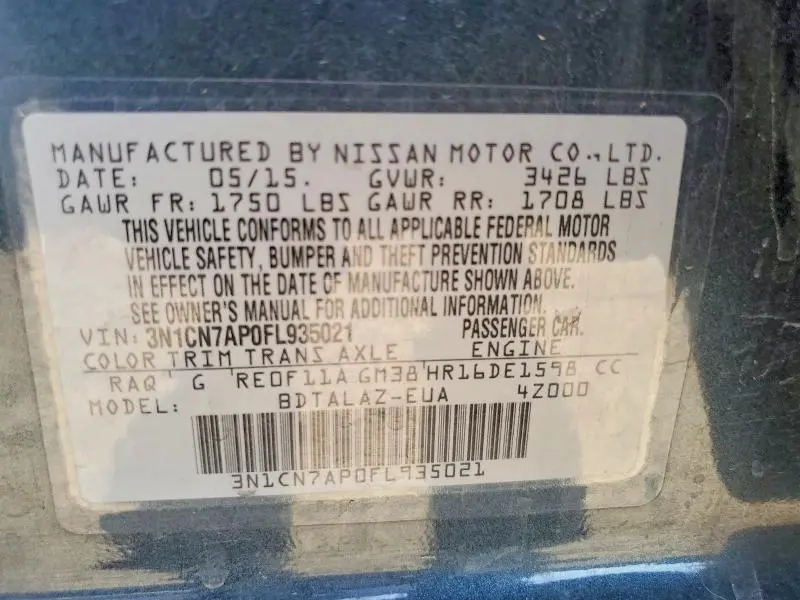 2015 NISSAN VERSA 1.6 S PLUS  