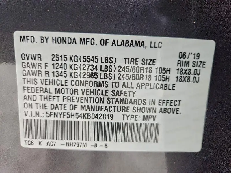 2019 HONDA PILOT EXL  