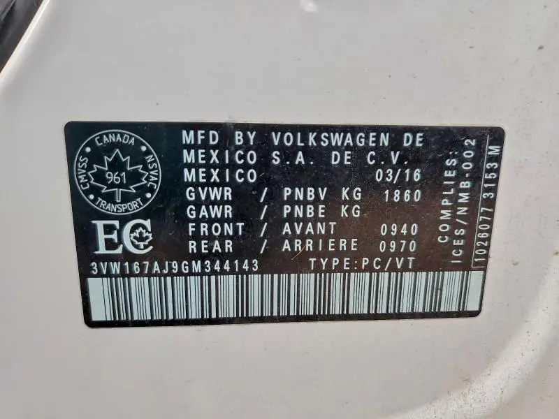 2016 VOLKSWAGEN JETTA S  