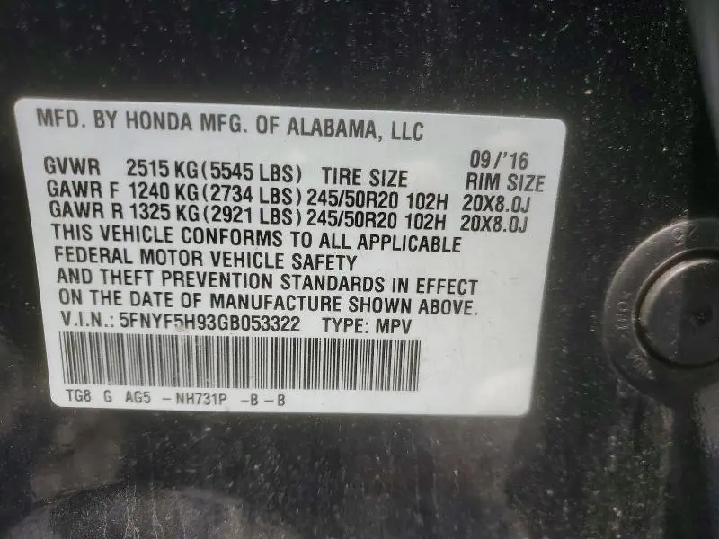 2016 HONDA PILOT TOURING  