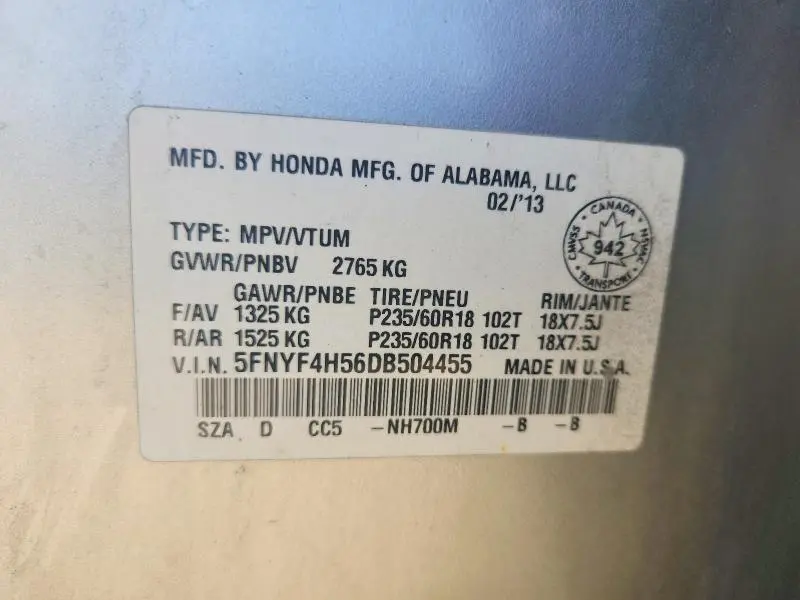 2013 HONDA PILOT EXL  