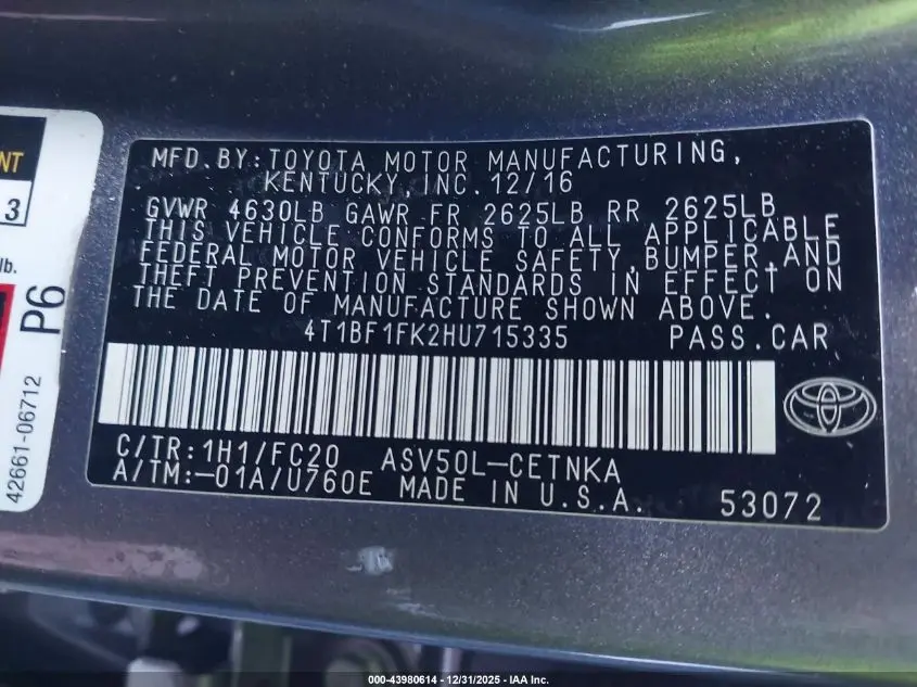 2017 TOYOTA CAMRY LE