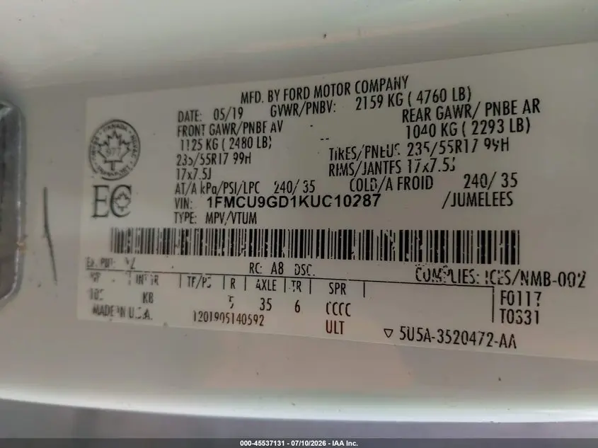 2019 FORD ESCAPE SE