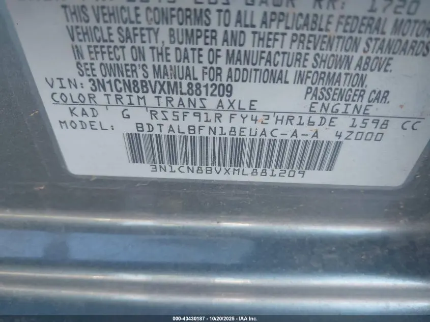 2021 NISSAN VERSA S 5-SPEED MANUAL TRANSMISSION