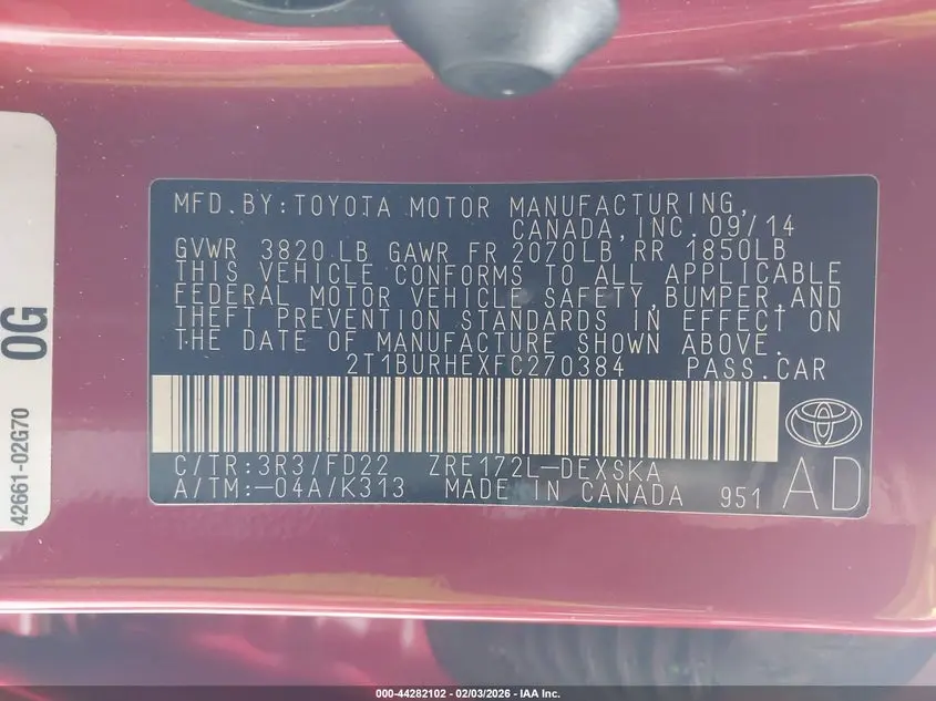 2015 TOYOTA COROLLA S