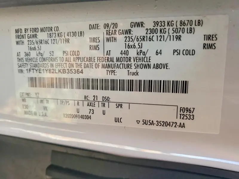 2020 FORD TRANSIT T-150 CARGO VAN