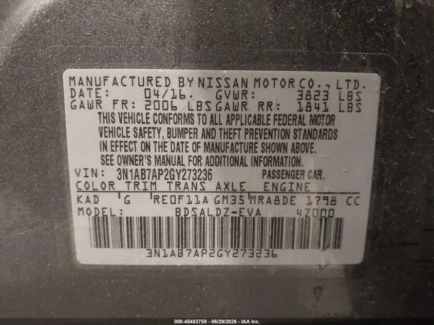 2016 NISSAN SENTRA SV