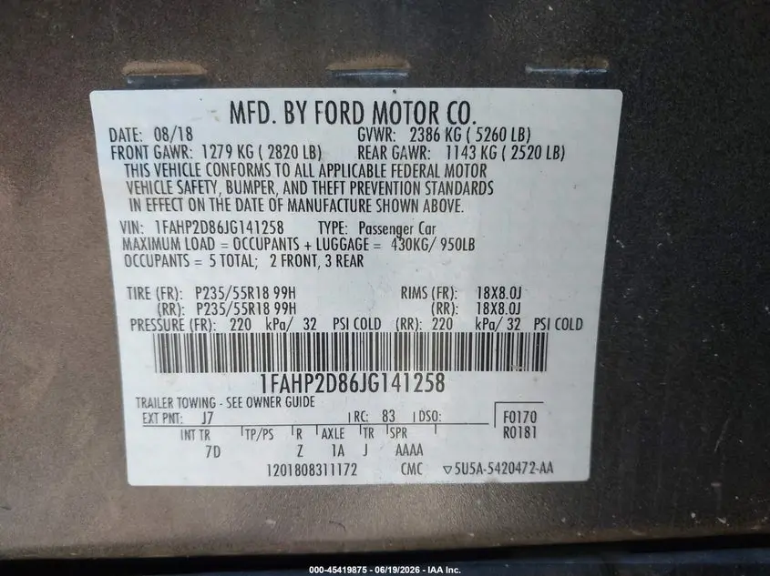 2018 FORD TAURUS SE