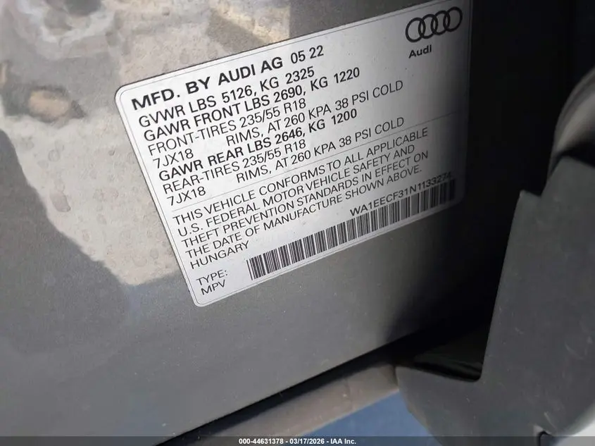 2022 AUDI Q3 PREMIUM PLUS 45 TFSI S LINE QUATTRO TIPTRONIC